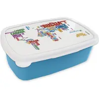 MuchoWow Broodtrommel Blauw - Lunchbox - Brooddoos - Wereldkaart - Letters - Kleuren - Kids - Jongetjes - Meiden - 18x12x6 cm - Kinderen - Jongen