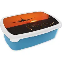 MuchoWow Broodtrommel Blauw - Lunchbox - Brooddoos - Zonsondergang - Vliegtuig - Oranje - Zon - 18x12x6 cm - Kinderen - Jongen
