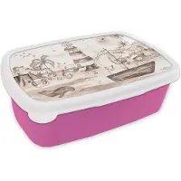 MuchoWow Broodtrommel Roze - Lunchbox - Brooddoos - Strand - Kinderen - Vuurtoren - Alpaca - Zee - Dieren - 18x12x6 cm - Kinderen - Meisje