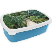 MuchoWow Broodtrommel Blauw - Lunchbox - Brooddoos - Jungle - Palmboom - Brug - Natuur - Planten - 18x12x6 cm - Kinderen - Jongen