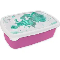 MuchoWow Broodtrommel Roze - Lunchbox - Brooddoos - Waterverf - Wereldkaart - Europa - 18x12x6 cm - Kinderen - Meisje