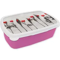 MuchoWow Broodtrommel Roze - Lunchbox - Brooddoos - Bloemen - Tulpen - Marmer - 18x12x6 cm - Kinderen - Meisje