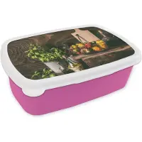 MuchoWow Broodtrommel Roze - Lunchbox - Brooddoos - Groente - Kruiden - Rustiek - Stilleven - Basilicum - 18x12x6 cm - Kinderen - Meisje