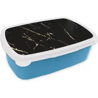 MuchoWow Broodtrommel Blauw - Lunchbox - Brooddoos - Marmer - Zwart - Goud - Luxe - 18x12x6 cm - Kinderen - Jongen