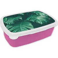 MuchoWow Broodtrommel Roze - Lunchbox - Brooddoos - Monstera - Bladeren - Planten - Jungle - Natuur - 18x12x6 cm - Kinderen - Meisje