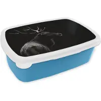 MuchoWow Broodtrommel Blauw - Lunchbox - Brooddoos - Hert - Zwart - Portret - Gewei - Dieren - 18x12x6 cm - Kinderen - Jongen