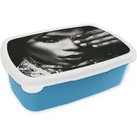 MuchoWow Broodtrommel Blauw - Lunchbox - Brooddoos - Vrouw - Sieraden - Ring - Make up - Zwart - Wit - Ketting - 18x12x6 cm - Kinderen - Jongen