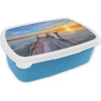 MuchoWow Broodtrommel Blauw - Lunchbox - Brooddoos - Water - Steiger - Vogels - Zonsondergang - Horizon - 18x12x6 cm - Kinderen - Jongen