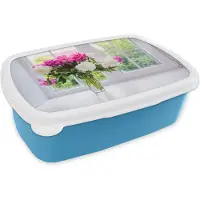 MuchoWow Broodtrommel Blauw - Lunchbox - Brooddoos - Bloemen - Pioenrozen - Vaas - 18x12x6 cm - Kinderen - Jongen