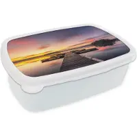 MuchoWow Broodtrommel Wit - Lunchbox - Brooddoos - Steiger - Zonsondergang - Water - Zee - Reflectie - 18x12x6 cm - Volwassenen