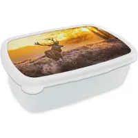 MuchoWow Broodtrommel Wit - Lunchbox - Brooddoos - Hert - Dieren - Zonsondergang - Winter - Heide - Natuur - 18x12x6 cm - Volwassenen