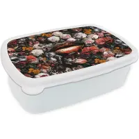MuchoWow Broodtrommel Wit - Lunchbox - Brooddoos - Lippen - Bloemen - Verf - Oranje - Kunst - Abstract - Oude meesters - 18x12x6 cm - Volwassenen
