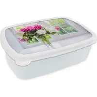 MuchoWow Broodtrommel Wit - Lunchbox - Brooddoos - Bloemen - Pioenrozen - Vaas - 18x12x6 cm - Volwassenen
