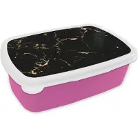 MuchoWow Broodtrommel Roze - Lunchbox - Brooddoos - Marmer - Kalk - Zwart - Goud - 18x12x6 cm - Kinderen - Meisje