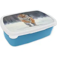 MuchoWow Broodtrommel Blauw - Lunchbox - Brooddoos - Tijger - Landschap - Sneeuw - Winter - Dieren - 18x12x6 cm - Kinderen - Jongen