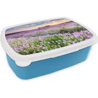 MuchoWow Broodtrommel Blauw - Lunchbox - Brooddoos - Lavendel - Bloemen - Zonsondergang - Paars - Weide - 18x12x6 cm - Kinderen - Jongen