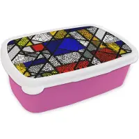 MuchoWow Broodtrommel Roze - Lunchbox - Brooddoos - Mondriaan - Glas in lood - Oude Meesters - Kunstwerk - Abstract - Schilderij - 18x12x6 cm - Kinderen - Meisje