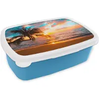 MuchoWow Broodtrommel Blauw - Lunchbox - Brooddoos - Palm - Zonsondergang - Horizon - Strand - Zee - Tropisch - 18x12x6 cm - Kinderen - Jongen