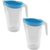 Hega hogar 2x Smalle kunststof koelkast schenkkannen 1,75 liter met blauwe deksels - Schenkkannen