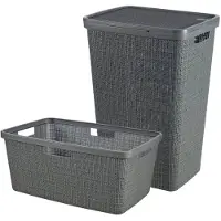 Curver Jute Wasmand met deksel 58L + Wasmand 46L - Donkergrijs