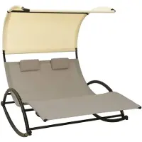 vidaXL Ligbed tweepersoons met luifel textileen taupe en crèmekleurig