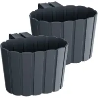 Prosperplast Set van 2x stuks kunststof balkon plantenpotten/bloempotten met haak antraciet antraciet grijs 19 cm - Plantenbakken