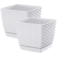 Prosperplast Set van 2x stuks plantenpotten/bloempotten rotan kunststof 22 x 22 cm en hoogte 19 cm parel wit - Plantenpotten