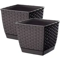 Prosperplast Set van 2x stuks plantenpotten/bloempotten rotan kunststof 22 x 22 cm en hoogte 19 cm donkerbruin - Plantenpotten