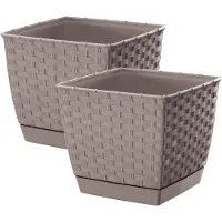 Prosperplast Set van 2x stuks plantenpotten/bloempotten rotan kunststof 14.5 x 14.5 cm en hoogte 12.5 cm taupe/be - Plantenpotten