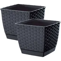 Prosperplast Set van 2x stuks plantenpotten/bloempotten rotan kunststof 14.5 cm en hoogte 12.5 cm antraciet grijs - Plantenpotten