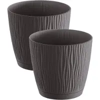 Prosperplast 2x stuks stijlvolle kunststof plantenpot/bloempot dia 24 cm/hoogte 22.5 cm Waves antraciet grijs - Plantenpotten