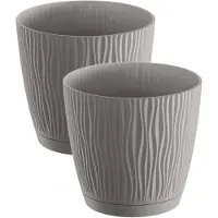 Prosperplast 2x stuks stijlvolle kunststof plantenpot/bloempot dia 15 cm/hoogte 14 cm Waves steengrijs - Plantenpotten