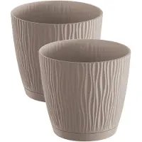 Prosperplast 2x stuks stijlvolle kunststof plantenpot/bloempot dia 15 cm/hoogte 14 cm Waves taupe - Plantenpotten