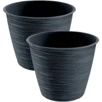 Prosperplast 2x stuks stijlvolle kunststof plantenpot/bloempot dia 17 cm/hoogte 14.5 cm Paintstripe antraciet gri - Plantenpotten