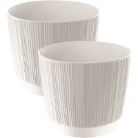 Prosperplast 2x stuks moderne carf-stripe plantenpot/bloempot kunststof dia 19.5 cm/hoogte 17 cm parel wit - Plantenpotten