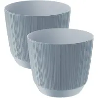 Prosperplast 2x stuks moderne carf-stripe plantenpot/bloempot kunststof dia 17 cm/hoogte 15 cm steengrijs - Plantenpotten