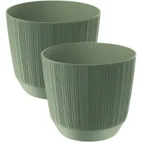 Prosperplast 2x stuks moderne carf-stripe plantenpot/bloempot kunststof dia 17 cm/hoogte 15 cm groen - Plantenpotten