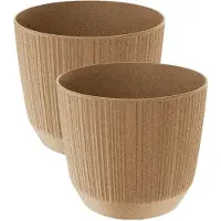 Prosperplast 2x stuks moderne carf-stripe plantenpot/bloempot kunststof dia 17 cm/hoogte 15 cm eco/aarde beige - Plantenpotten