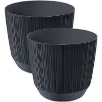 Prosperplast 2x stuks moderne carf-stripe plantenpot/bloempot kunststof dia 13 cm/hoogte 11 cm antraciet grijs - Plantenpotten