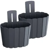 Prosperplast Set van 2x stuks wood-look muur plantenpot/bloempot kunststof dia 20 cm/hoogte 15 cm antraciet - Plantenpotten