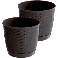 Prosperplast 2x stuks ronde gevlochten plantenpotten/bloempotten kunststof dia 16.5 cm en hoogte 14 cm donkerbrui - Plantenpotten