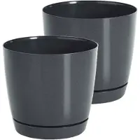 Prosperplast Set van 2x stuks plantenpotten/bloempotten kunststof glanzend antraciet grijs dia 13.5 x hoogte 12.5 - Plantenpotten