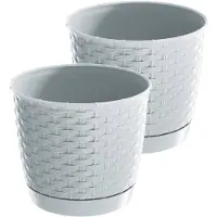 Prosperplast 2x stuks ronde gevlochten plantenpotten/bloempotten kunststof dia 22 cm en hoogte 19.5 cm parel wit - Plantenpotten