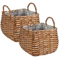 Ibergarden Set van 2x stuks plantenbak manden gevlochten riet met binnenmand 16,5 x 16,5 x 11,5 cm - Plantenbakken