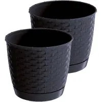 Prosperplast 2x stuks ronde gevlochten plantenpotten/bloempotten kunststof dia 25 cm en hoogte 22 cm antraciet gr - Plantenpotten