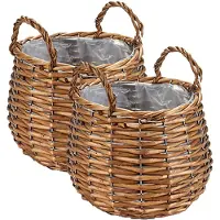 Ibergarden Set van 2x stuks plantenbak manden gevlochten riet met binnenmand 15 x 15 x 11,5 cm - Plantenbakken
