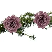 Cosy & Trendy 2x stuks kerstboom bloemen roos roze glitter op clip 10 cm - Kersthangers