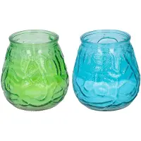 Arti Casa 4x stuks citronella Lowboy tafelkaarsen - 10 cm - blauw en groen glas - geurkaarsen