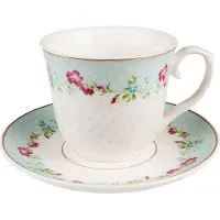 Clayre & Eef Kop en schotel 250 ml Wit Groen Porselein Bloemen Servies Wit Servies