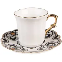 Clayre & Eef Kop en schotel 95 ml Wit Zwart Porselein Servies Wit Servies